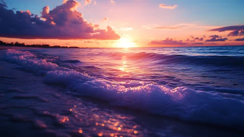Sunset illuminates low breaking waves along coastal shoreline