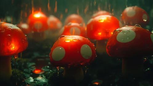 Luminous toadstools in cinematic rainlit macro forest tableau.