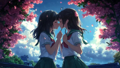 Blossom-framed schoolyard kiss beneath a sky of shy clouds.