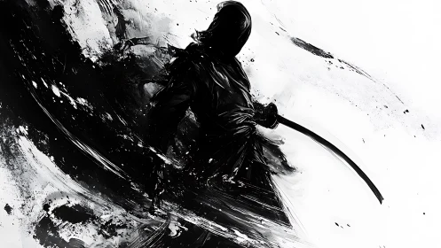 Ink-splashed shadow samurai with sweeping katana stroke.