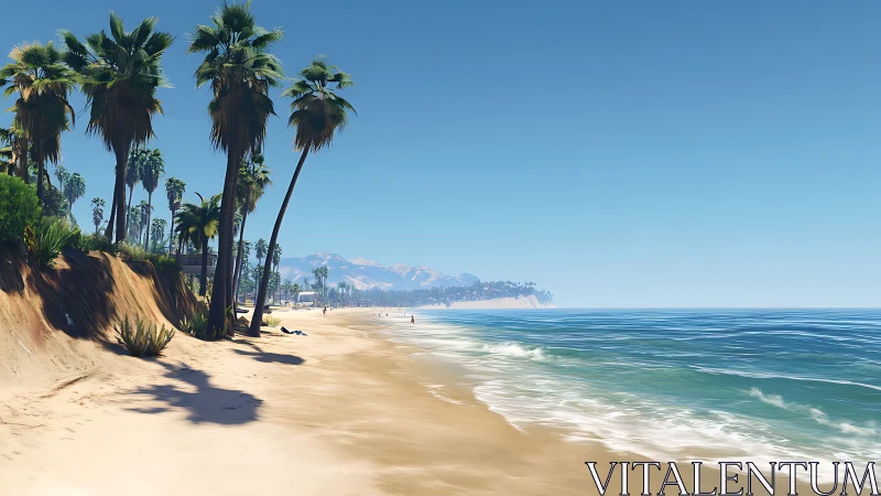 Palm-Lined California Beach with Mountains in the Distance
