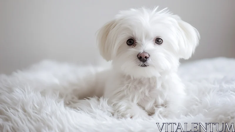 Fluffy white puppy rests calmly on soft faux fur bedding.