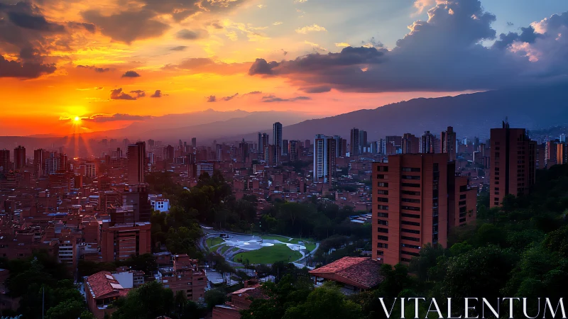 Golden sunset embracing a lively city skyline at dusk.