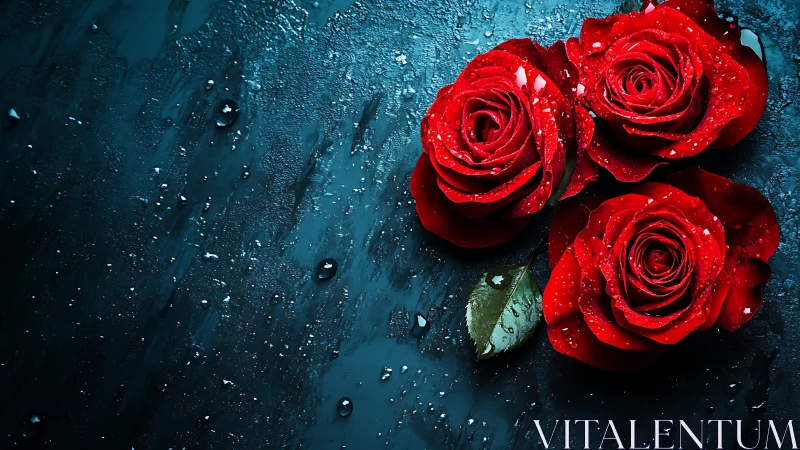 Red roses with water droplets on dark teal surface.