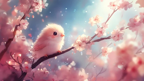 Blush-feathered chick dreams on pastel cherry blossom bough.