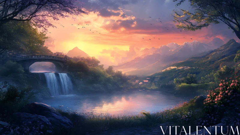 Luminous mountain valley with stone bridge and waterfall at dusk.