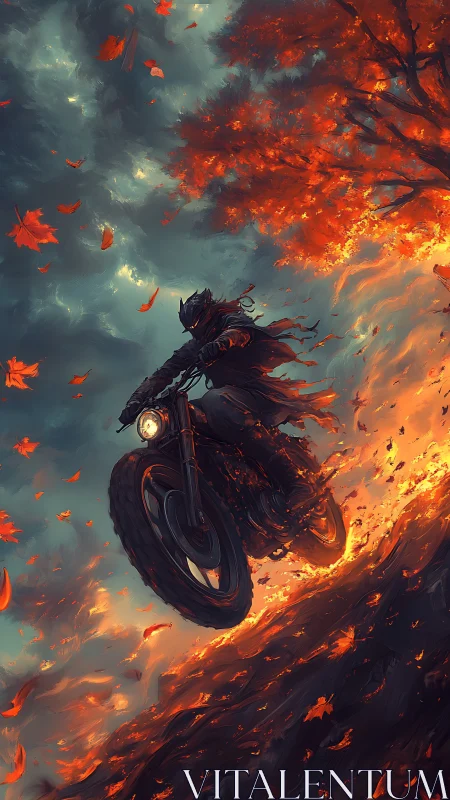 Armored motorcyclist rides through fiery autumn storm.