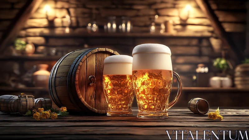 Frothy beer mugs glow warmly in a rustic tavern setting