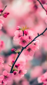 Pink Cherry Blossoms Dancing on a Dark Branch