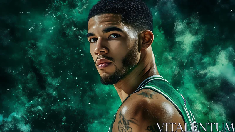 Galactic court guardian in emerald storm of swirling energy.