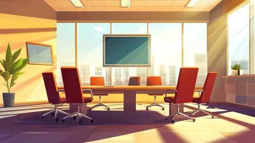 Modern Office Interior with Conference Table and Skyline View