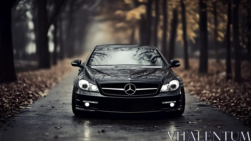 Black luxury coupe captured head-on along a misty forest lane