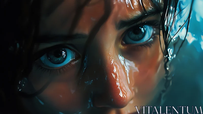 Liquid light clings to determined eyes in close storm stare