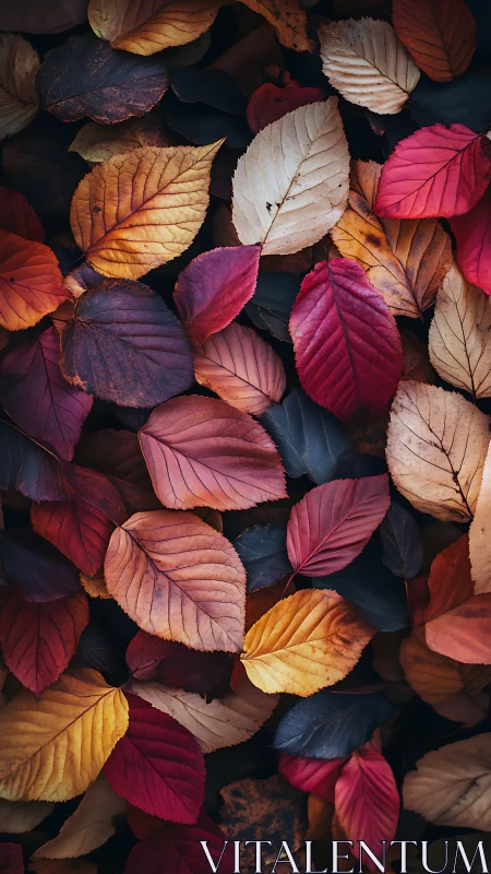 Orderly spread of multicolored autumn leaves in close view.