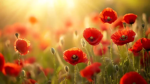 Vibrant Red Poppies Swaying in Golden Sunlight