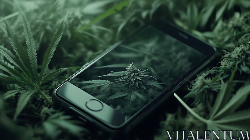 Smartphone reflects dense cannabis bud in moody green light.