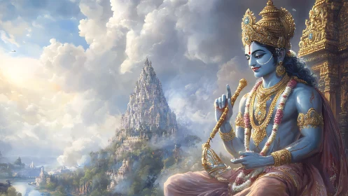 Divine blue deity seated before towering cloud-wrapped mandir