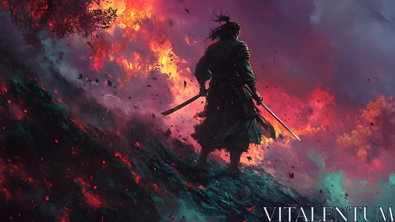Armored samurai silhouette against erupting crimson wildfire
