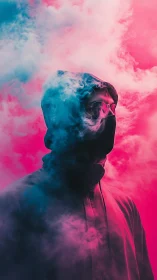 Hooded figure in neon smoke stands in vivid contrast.