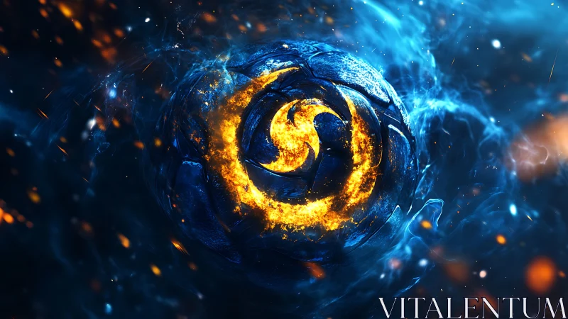 Blazing cosmic swirl cradled in cool electric nebula glow.