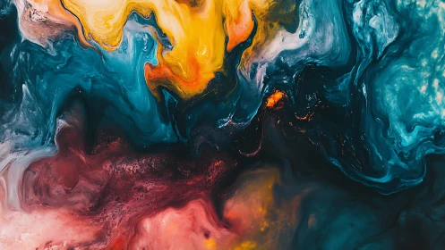 Liquid abstract color vortex with teal, yellow, crimson flow.