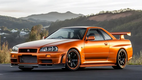 Sunlit orange sports coupe parked by peaceful green hills.