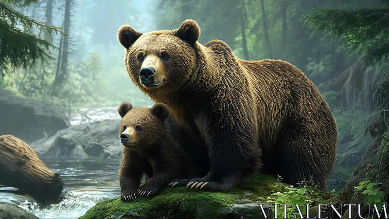 Photorealistic brown bear mother and cub in misty forest river