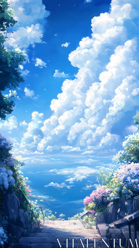 Sunlit stone stairway opens toward luminous ocean horizon