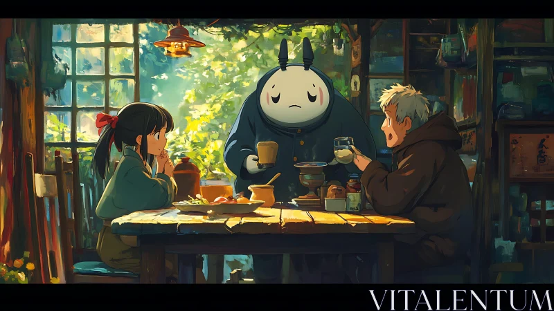 Forest café guardian quietly hosts a cozy, enchanted breakfast