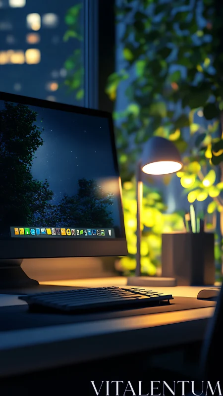 Minimalist night workspace glows with warm desktop lighting