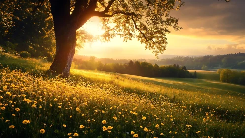 Golden meadow at sunset under large tree on hillside.