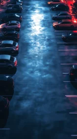 Neon-lit wet parking lot corridor with cinematic contrasts.