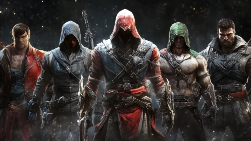 Hooded fantasy warriors lineup with detailed battle gear.