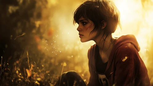 Soft dusk glow around a thoughtful girl in quiet fields.