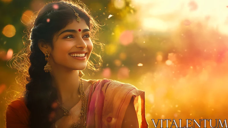 Smiling woman in traditional attire glows in golden sunset light