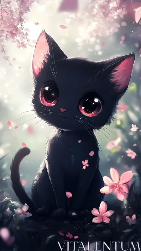 Moonlit blossom-eyed kitten in a drifting petal daydream.