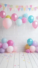 Party balloon arrangement against white brick wall backdrop.