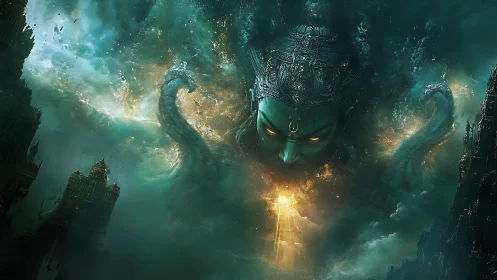 Colossal deity head over stormy sky and ruined towers.