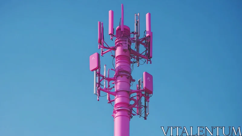 Magenta cellular antenna mast with sector panels against sky.