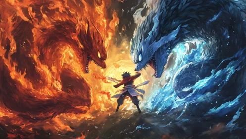 Elemental warrior between fire dragon and ice dragon.