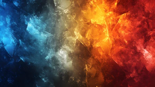 Abstract Fire and Ice Digital Art with Shattered Glass Texture.