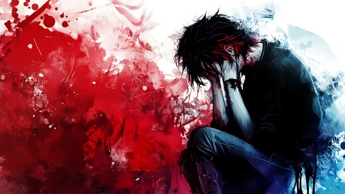 Despairing figure in abstract red and blue emotional vortex.