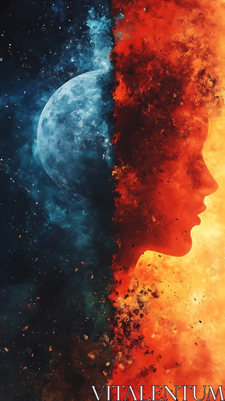 Lunar chill and volcanic flare bisecting human profile silhouette
