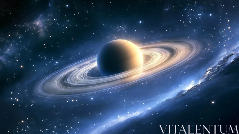 Ringed gas giant drifts through luminous blue starfield.