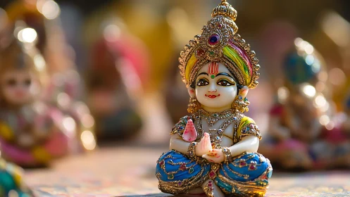 Colorful baby deity figurine with ornate jewelry details.