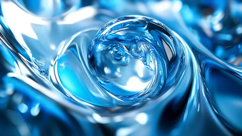 Liquid glass whirlpool bends blue light into drifting spirals