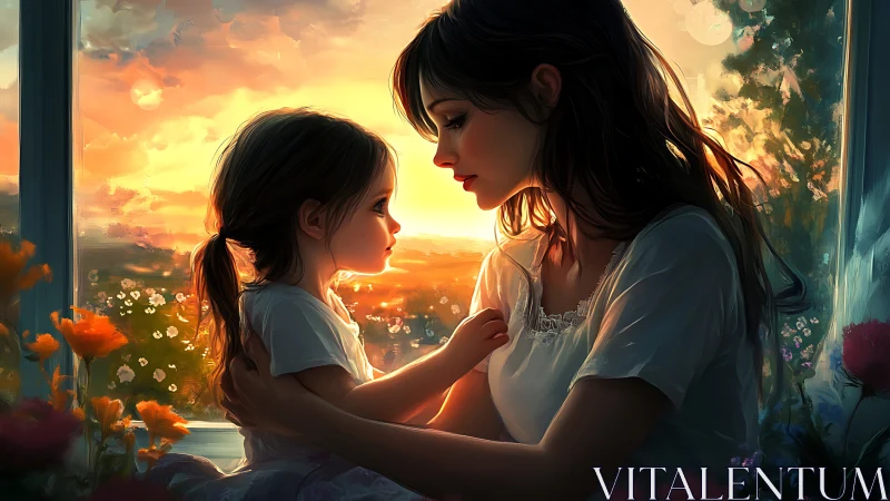 Backlit mother and child rendered with warm volumetric sunset light