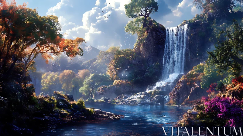 Digital landscape of waterfall, lake, and forest scene.