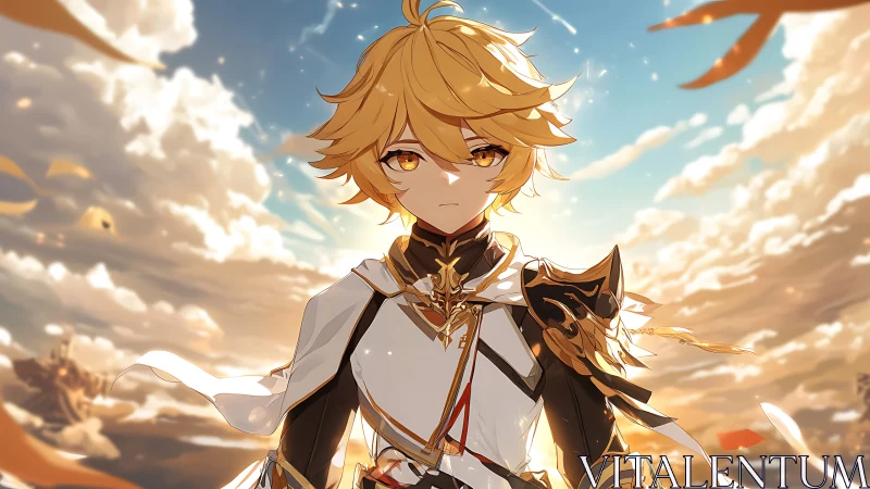 Sunlit skyfarer in gilded armor facing a gentle storm.