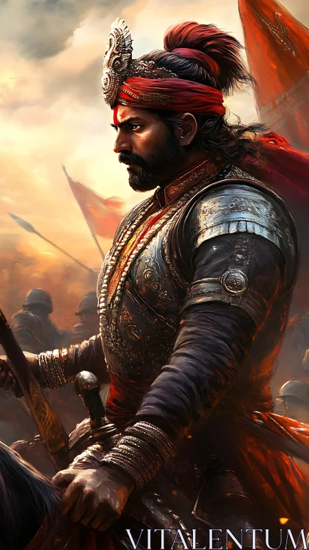 Armored warrior rides into battle under blazing sunset skies.